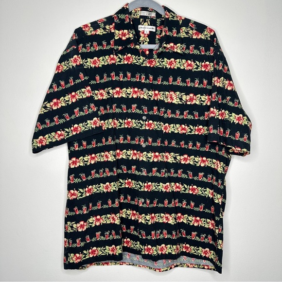 Pierre Cardin VTG Vintage Black‎ Tropical Summer Vacation Black Button Down - Picture 1 of 6